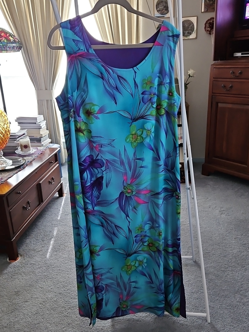 Tropical Floral Maxi Dress in Aqua Blue and Solid Purple (Reversable ) 2 IN 1